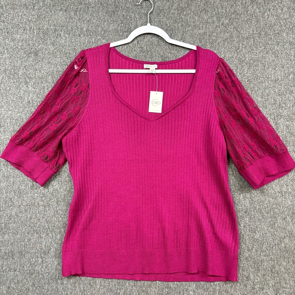 Cato Top Womens 22/24 Magenta Knit V-Neck Ribbed Lace Sleeves - NEW